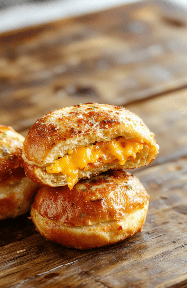 A close-up of mini grilled cheese sandwiches made with soft Hawaiian rolls, melted gooey cheese, golden-brown toasted bread, served on a rustic wooden plate with a hint of fresh herbs, vibrant colors, and inviting textures.