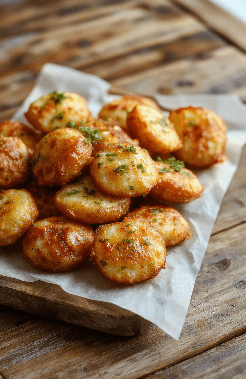 Golden brown mini potato bites arranged on a rustic white plate, garnished with fresh herbs. The crispy crispy exterior contrasts with the creamy interior, perfectly styled on a wooden surface with natural daylight highlighting the textures and colors.