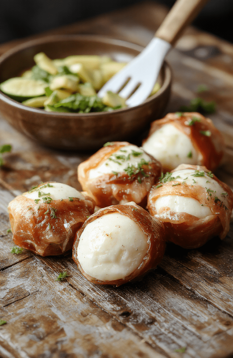 Colorful prosciutto wrapped mozzarella bites arranged on a white plate, showcasing golden crispy prosciutto with creamy white mozzarella inside, garnished with fresh basil leaves, styled on a rustic wooden surface with natural daylight illuminating the textures.