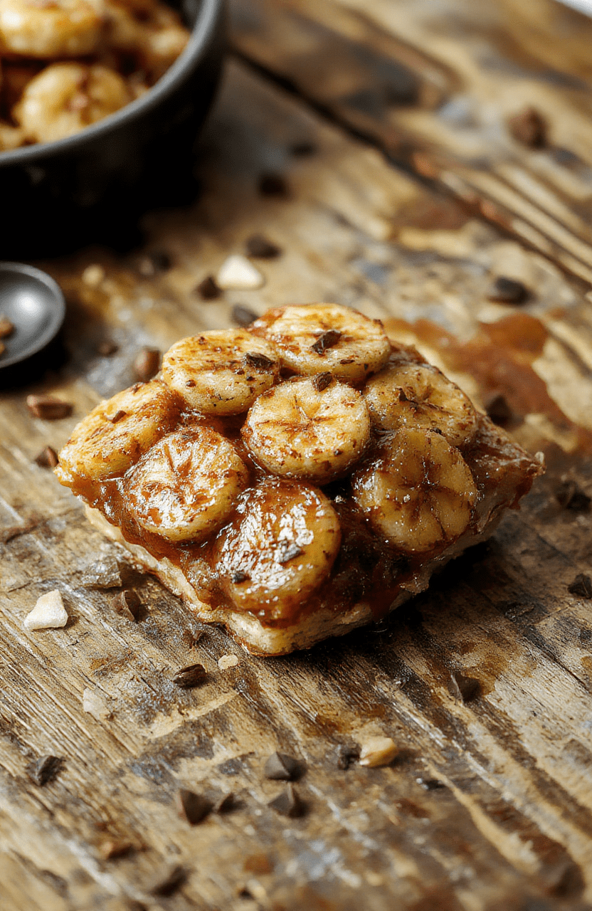 A vibrant plate of golden caramelized bananas drizzled with rich caramel sauce, garnished with a sprig of mint, styled on a rustic wooden surface with a soft-focus background emphasizing the glossy texture and inviting color of the dessert.