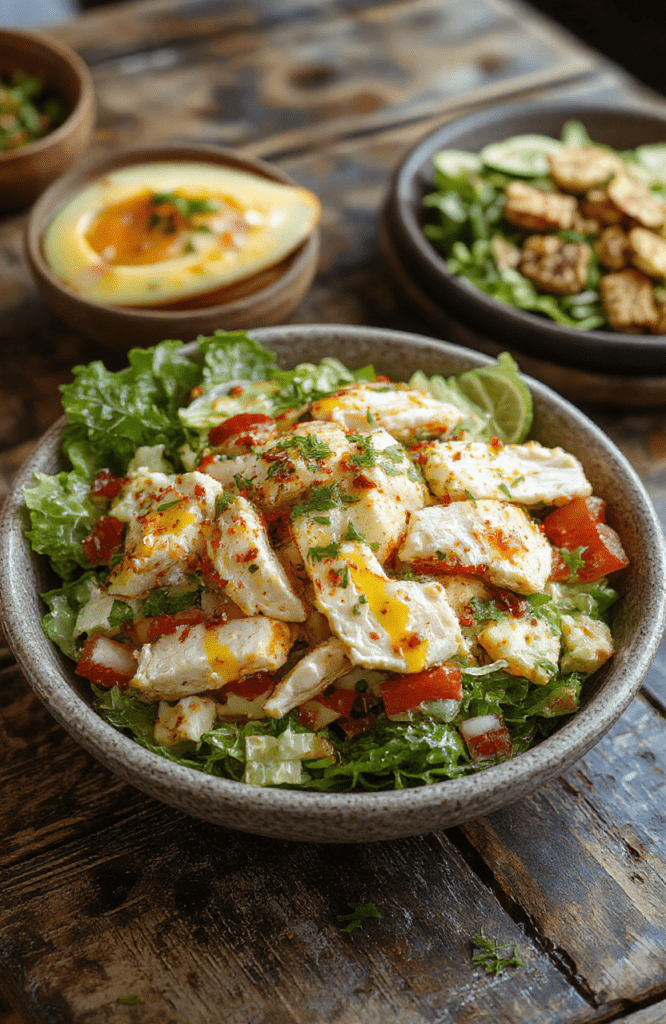A vibrant Southwest chicken salad served on a white plate, featuring colorful ingredients like cherry tomatoes, corn, black beans, shredded chicken, and fresh greens, drizzled with a creamy dressing, garnished with cilantro and lime wedges, styled casually on a rustic wooden table.