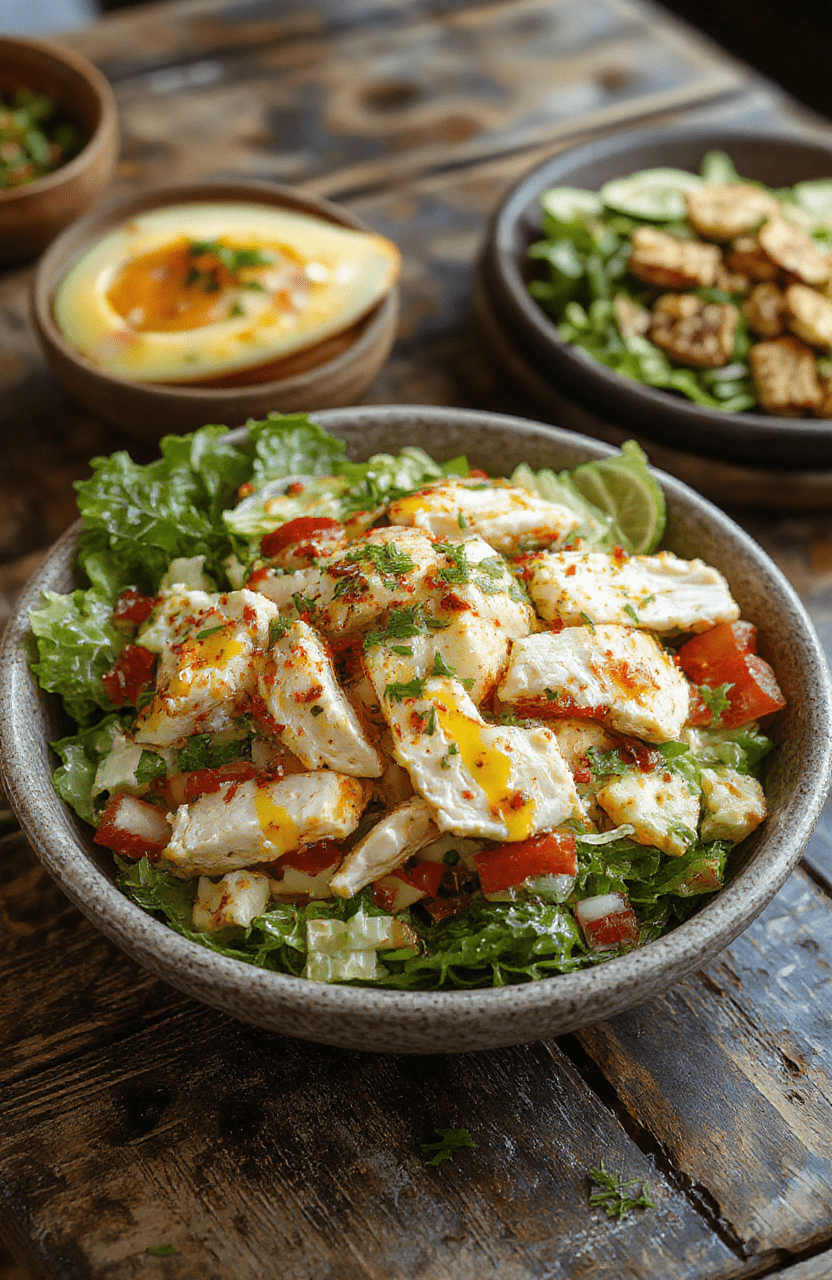 A vibrant Southwest chicken salad served on a white plate, featuring colorful ingredients like cherry tomatoes, corn, black beans, shredded chicken, and fresh greens, drizzled with a creamy dressing, garnished with cilantro and lime wedges, styled casually on a rustic wooden table.