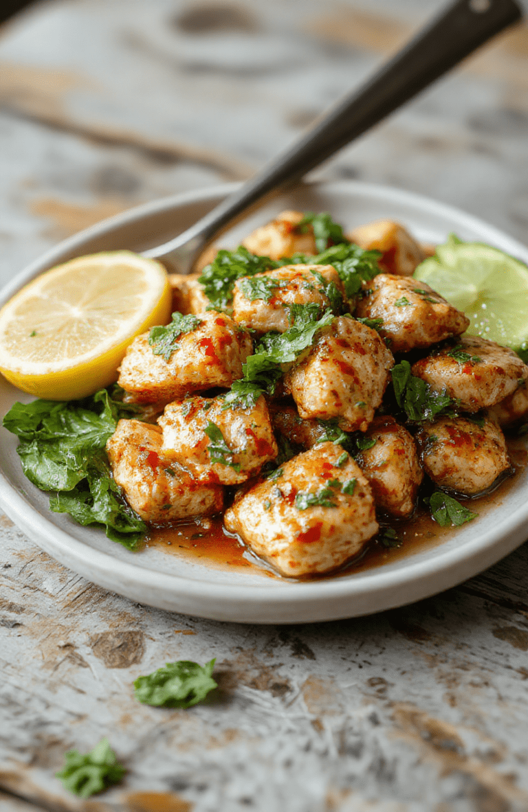 A vibrant plate of Thai basil chicken featuring tender pieces of chicken coated in a glossy, spicy sauce, garnished with fresh basil leaves. The dish is plated on a rustic white dish, with colorful red and green bell peppers adding contrast. The background is a wooden table, accentuating the colors and textures, with a sprinkle of chopped herbs on top and a garnish of lime wedges nearby.