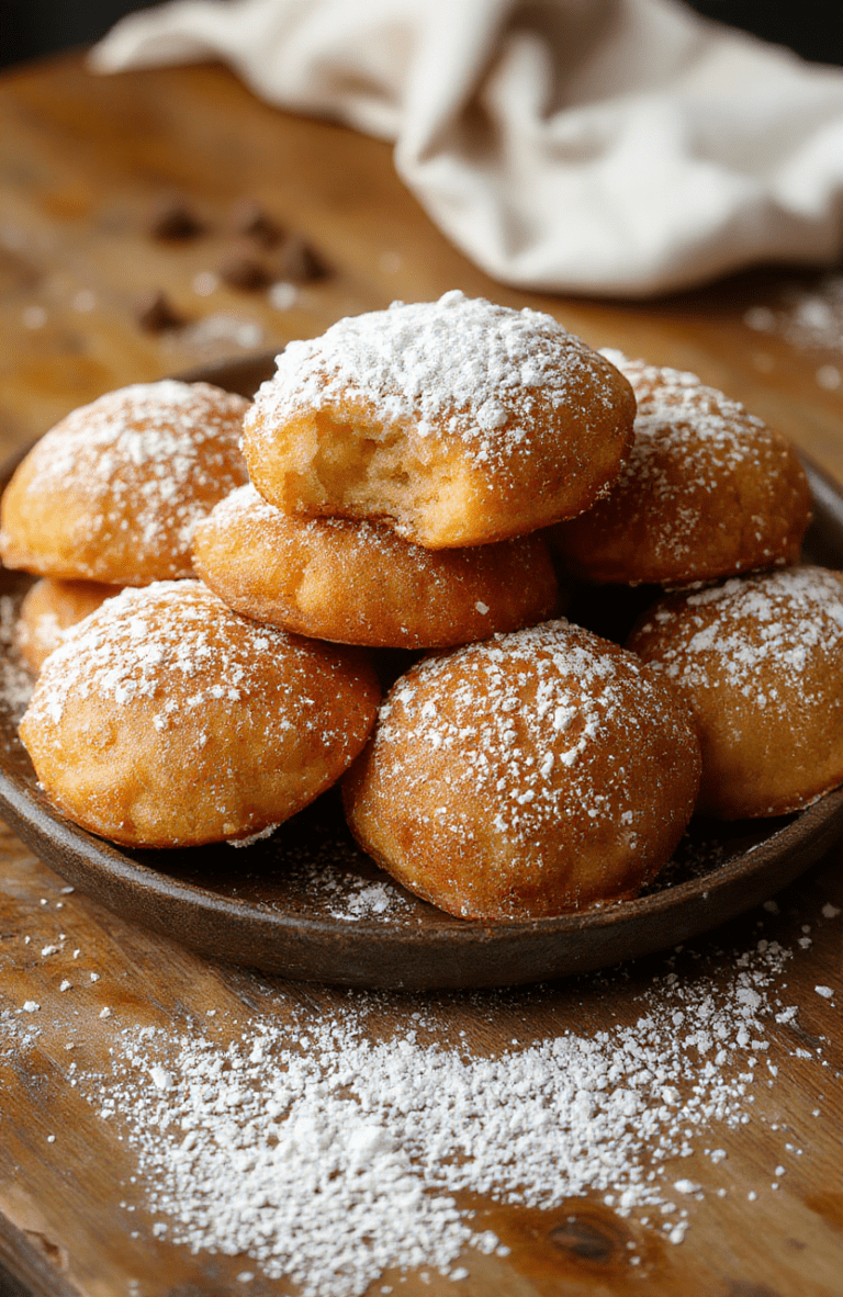 Golden brown bunuelos arranged on a rustic plate, dusted with powdered sugar, with a crispy and fluffy texture visible. The background features a warm, cozy setting with soft lighting, emphasizing the inviting appeal of this quick dessert.