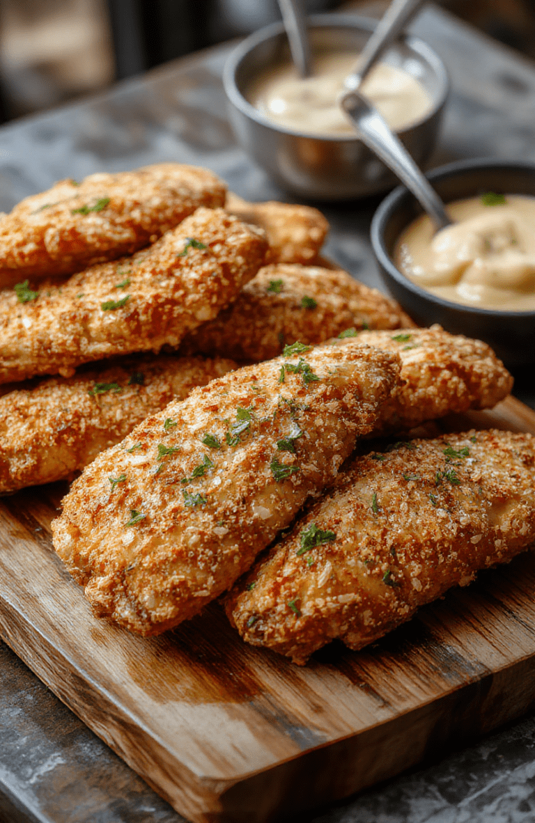 A plate of golden-brown crack chicken tenders arranged neatly on a rustic wooden serving board, garnished with fresh herbs. The tenders are crispy and coated with a savory sauce, with a side of tangy dipping sauce and colorful salad greens. Soft natural lighting highlights their crispy texture and appetizing appearance, styled casually with a rustic aesthetic.