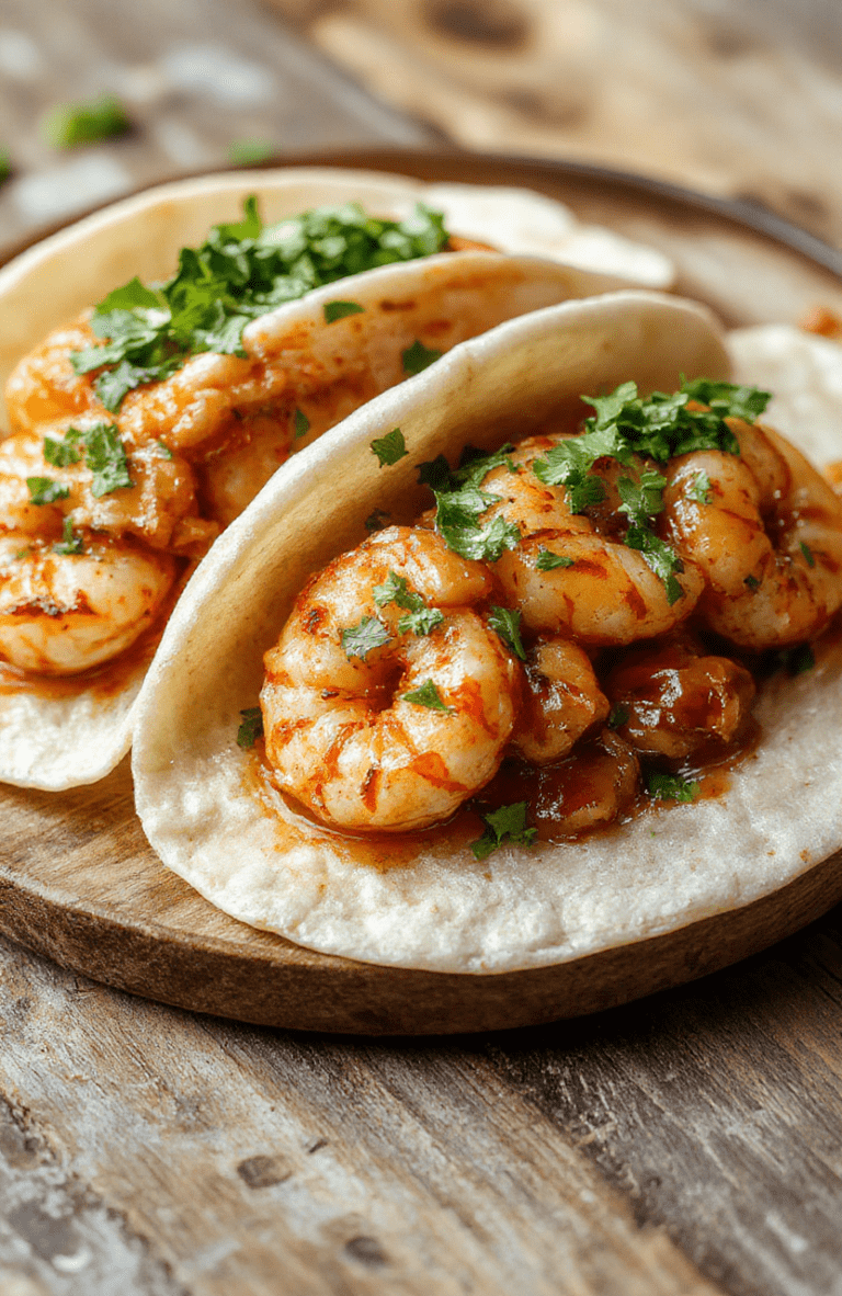 Colorful shrimp tacos plated on a rustic wooden surface, topped with fresh cilantro, diced tomatoes, and creamy sauce. Bright yellow and red peppers add vibrancy, while soft corn tortillas hold the succulent shrimp and crunchy vegetables, styled casually for a fresh, inviting look.