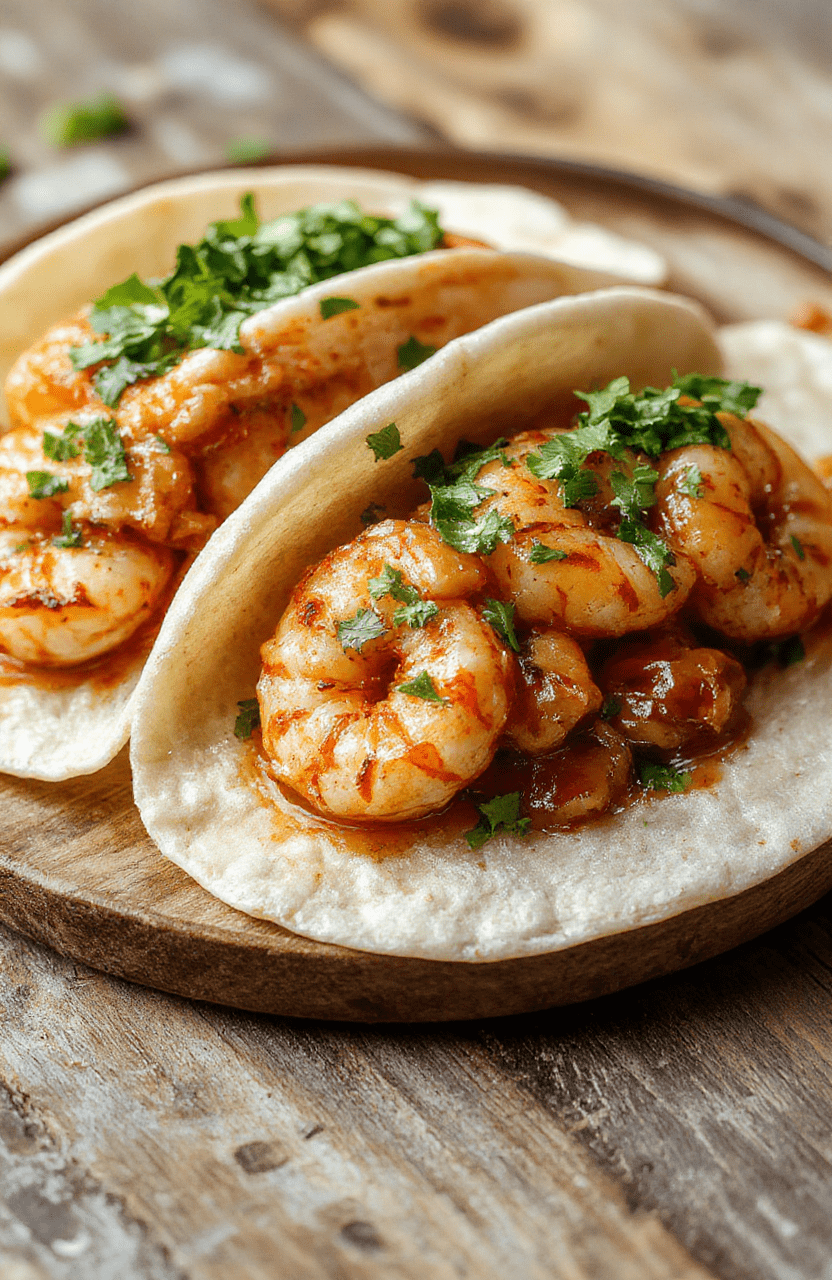 Colorful shrimp tacos plated on a rustic wooden surface, topped with fresh cilantro, diced tomatoes, and creamy sauce. Bright yellow and red peppers add vibrancy, while soft corn tortillas hold the succulent shrimp and crunchy vegetables, styled casually for a fresh, inviting look.