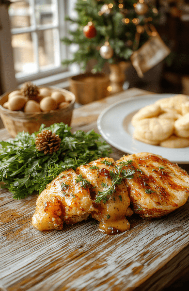 A vibrant plate featuring roasted turkey slices, garnished with fresh herbs, surrounded by colorful vegetables and gravy, styled on a rustic wooden table with warm holiday decor accents.