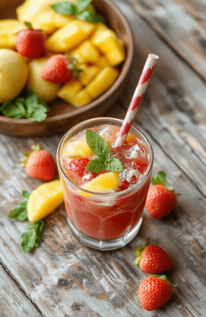 A vibrant tall glass filled with a bright orange and pink blended smoothie featuring chunks of mango and strawberries, garnished with a lemon wedge and fresh strawberry slices, set on a rustic wooden surface with a sprig of mint, colorful straws, and a splash of condensation for an appealing, summery vibe.
