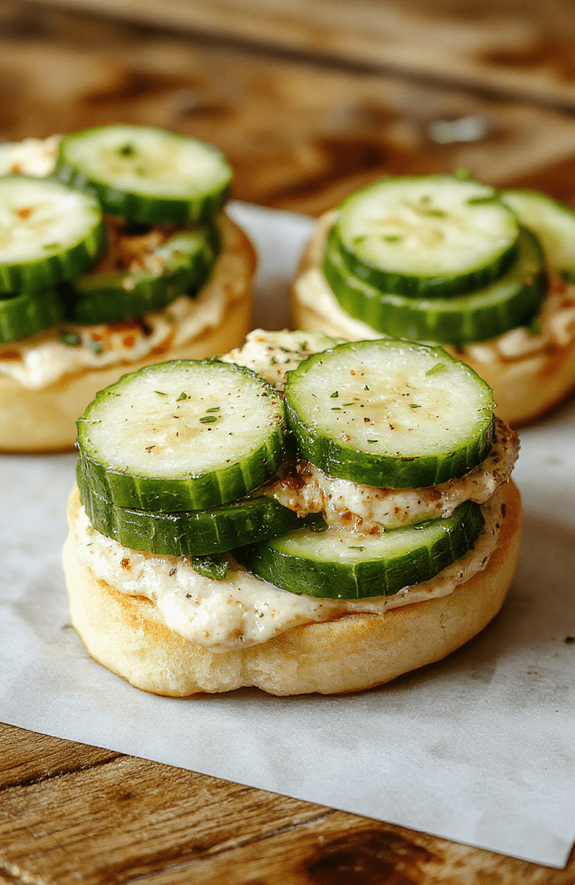 Colorful cucumber sandwiches elegantly arranged on a white platter, featuring thinly sliced cucumbers layered on whole wheat bread with a hint of fresh herbs and cream cheese, garnished with dill. The sandwiches are vibrant with green and cream hues, styled with delicate herbs, and set against a neutral background with soft natural lighting highlighting their crisp textures and inviting appearance.
