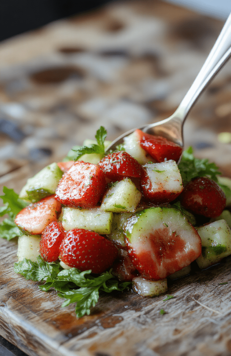A vibrant summer salad with sliced cucumbers and strawberries arranged beautifully on a white ceramic plate, garnished with mint leaves, featuring bright red strawberries and cool green cucumber slices, drizzled with a light vinaigrette, styled with a rustic wooden background, soft natural lighting.