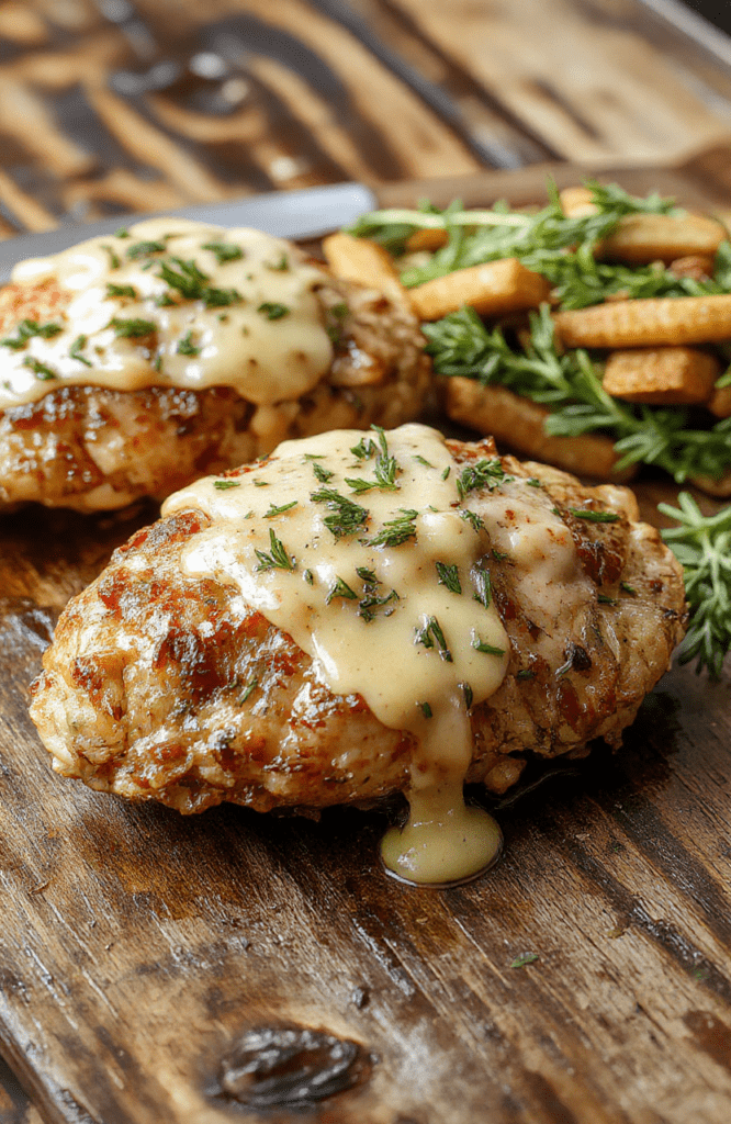 A beautifully plated rosemary chicken Dijon dish featuring tender chicken breasts topped with fresh rosemary and a rich Dijon sauce, garnished with sprigs of rosemary and lemon slices on a rustic white plate, set on a wooden table with natural sunlight highlighting the glossy sauce and crispy edges of the chicken.