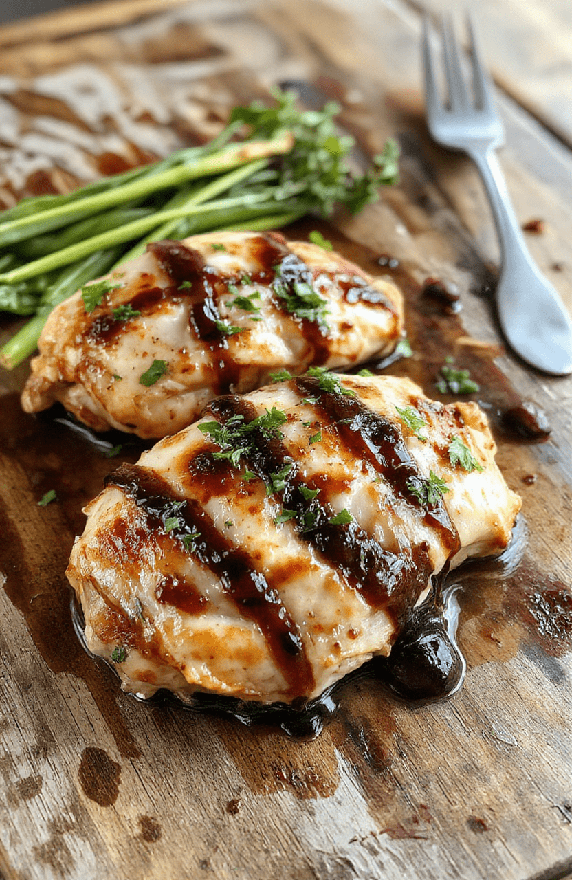 A beautifully plated baked chicken dish featuring glazed balsamic chicken breasts garnished with fresh rosemary and cherry tomatoes on a rustic white plate. The chicken appears tender and juicy with a glossy balsamic glaze, surrounded by colorful vegetables and a sprinkle of herbs. The background is softly blurred with warm lighting highlighting the rich caramelized surface of the chicken and vibrant vegetables, styled simply yet invitingly.