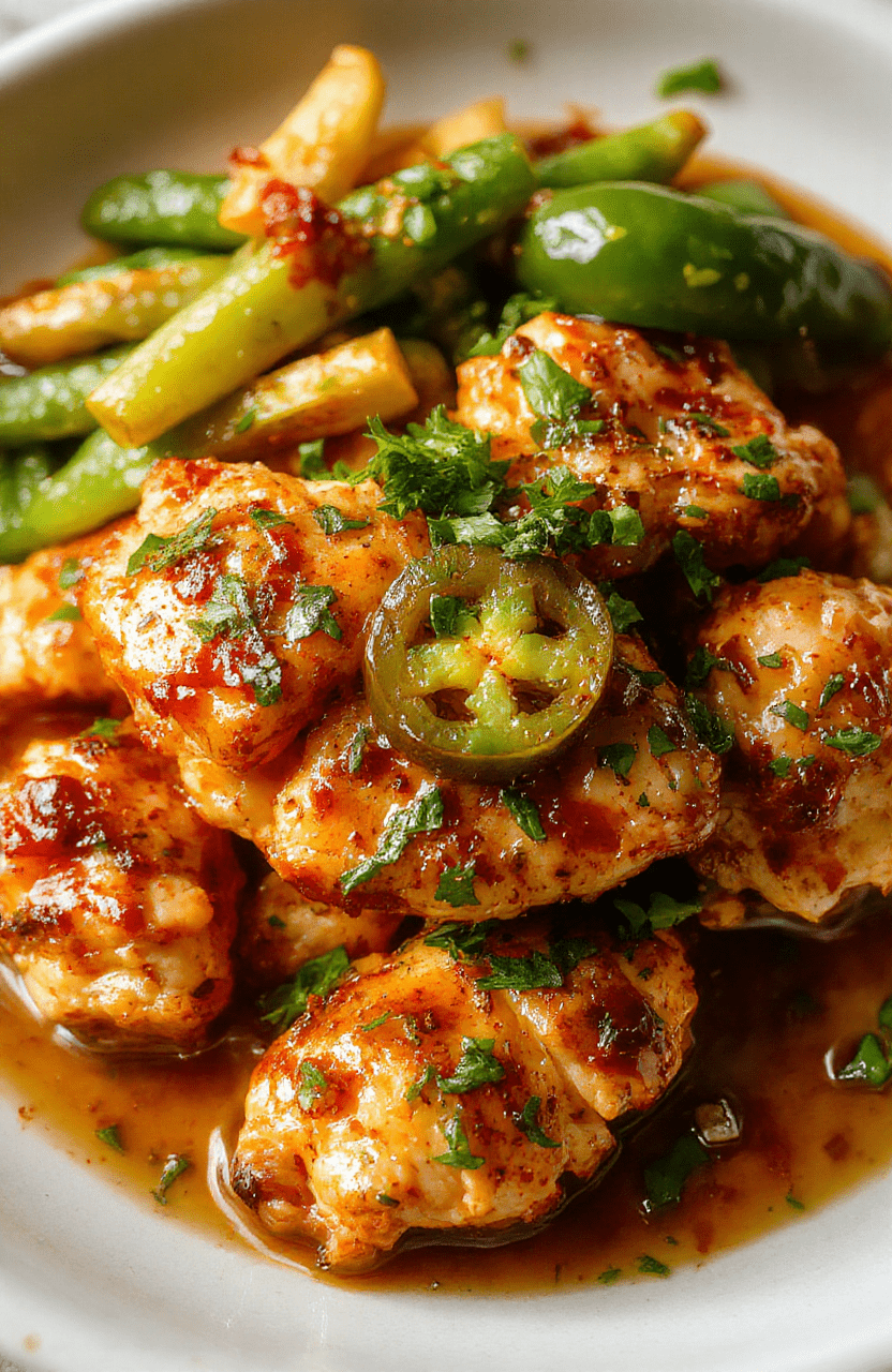 A vibrant plate of spicy jalapeño chicken featuring tender chicken pieces topped with sliced jalapeños, garnished with fresh herbs, served on a rustic white ceramic plate with a side of colorful vegetables. The dish has a glossy sauce with visible chili flakes, and the presentation is appetizing with a casual yet appealing style, highlighting textures and spices in natural daylight.