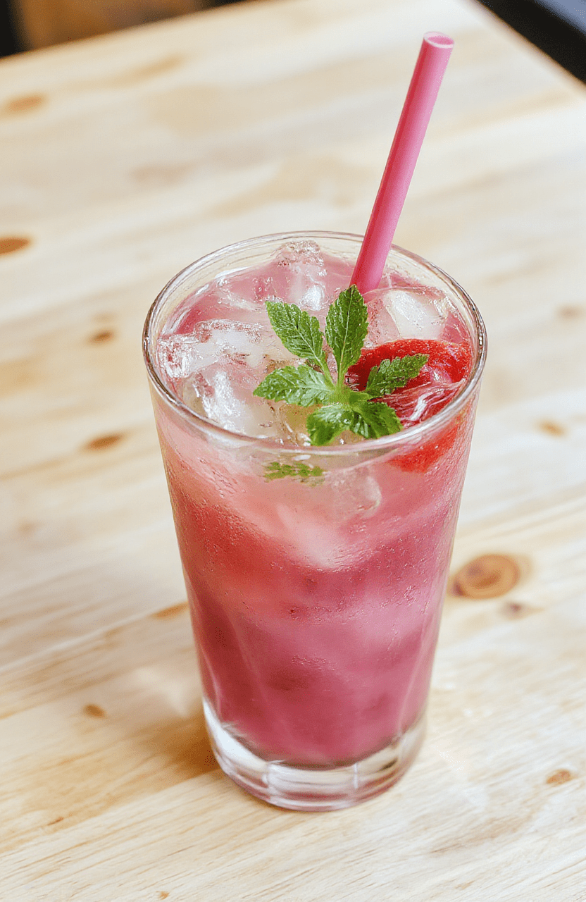 A vibrant pink Starbucks-style Pink Flamingo Refresher drink in a clear glass with ice cubes, topped with fresh mint and a slice of lemon, served on a light-colored wooden table with a blurred summer background, showcasing its colorful layers, fruity garnishes, and inviting presentation.