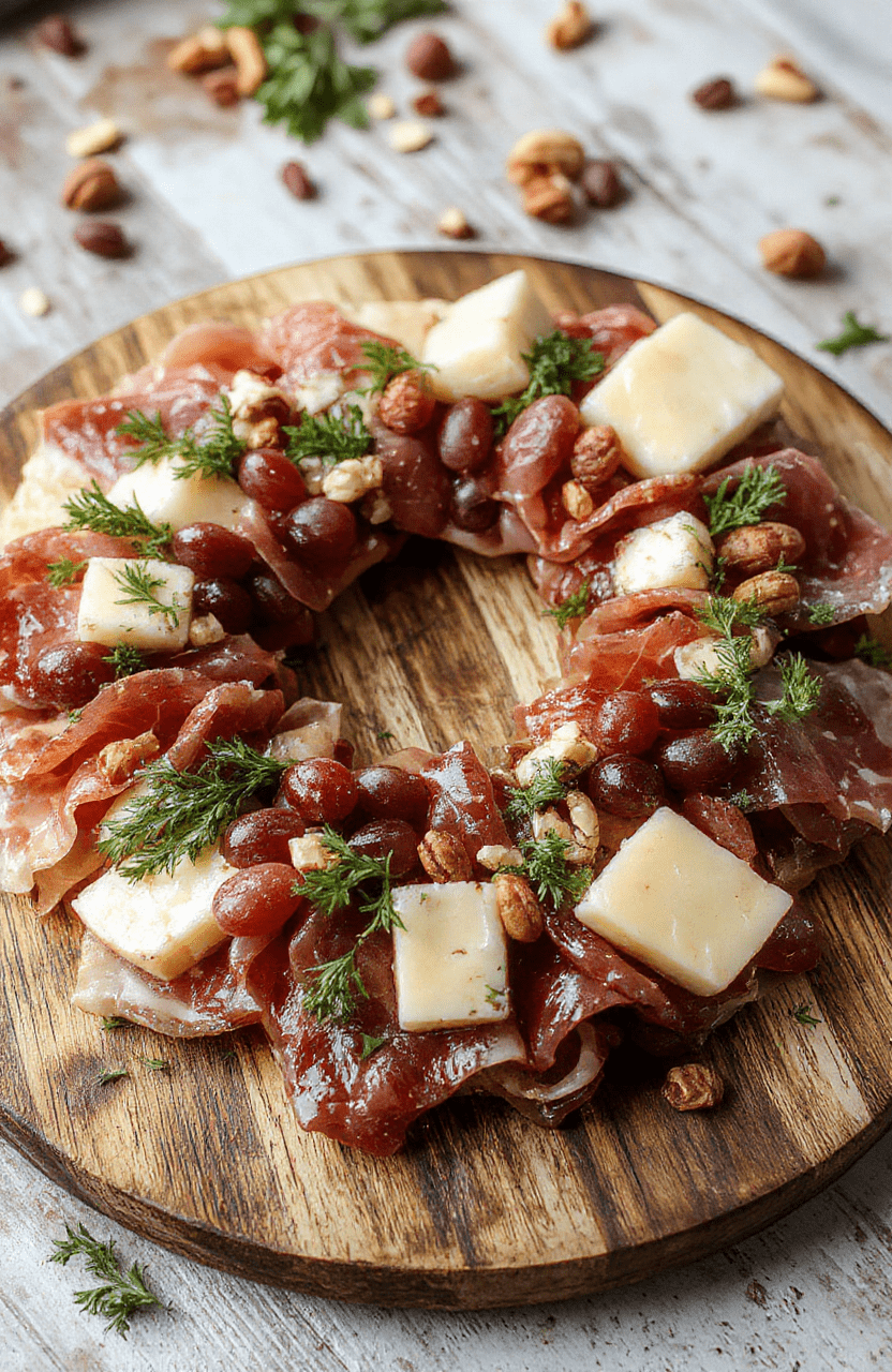 A vibrant and eye-catching charcuterie wreath featuring an assortment of cured meats, cheeses, fresh fruits, nuts, and herbs, artfully arranged in a circular pattern on a rustic wooden board, with a blurred festive background, emphasizing the textures and colors of the ingredients.