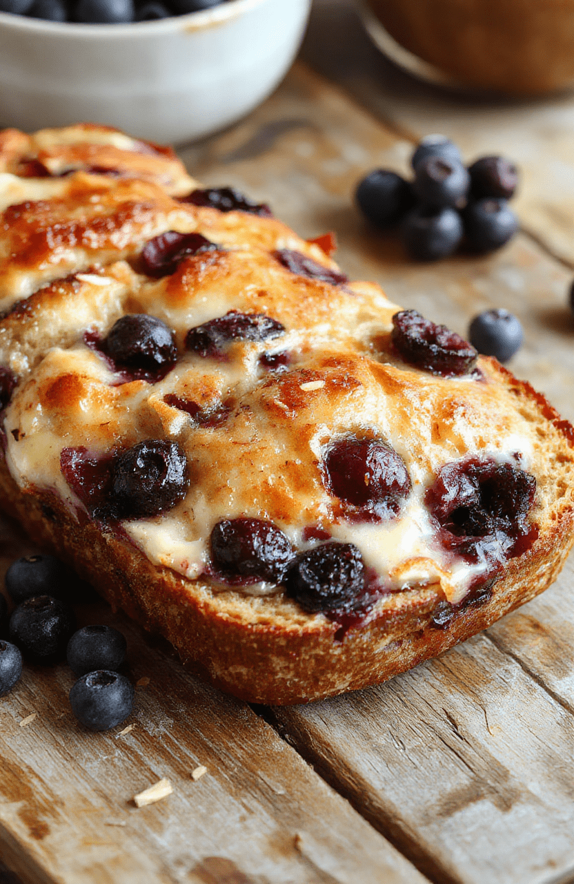 A sliced blueberry cream cheese bread on a rustic wooden board, topped with fresh blueberries and a dusting of powdered sugar, golden crust with a moist interior showcasing swirls of cream cheese and blueberry filling, styled with a small dish of whipped cream and mint leaves for garnish.