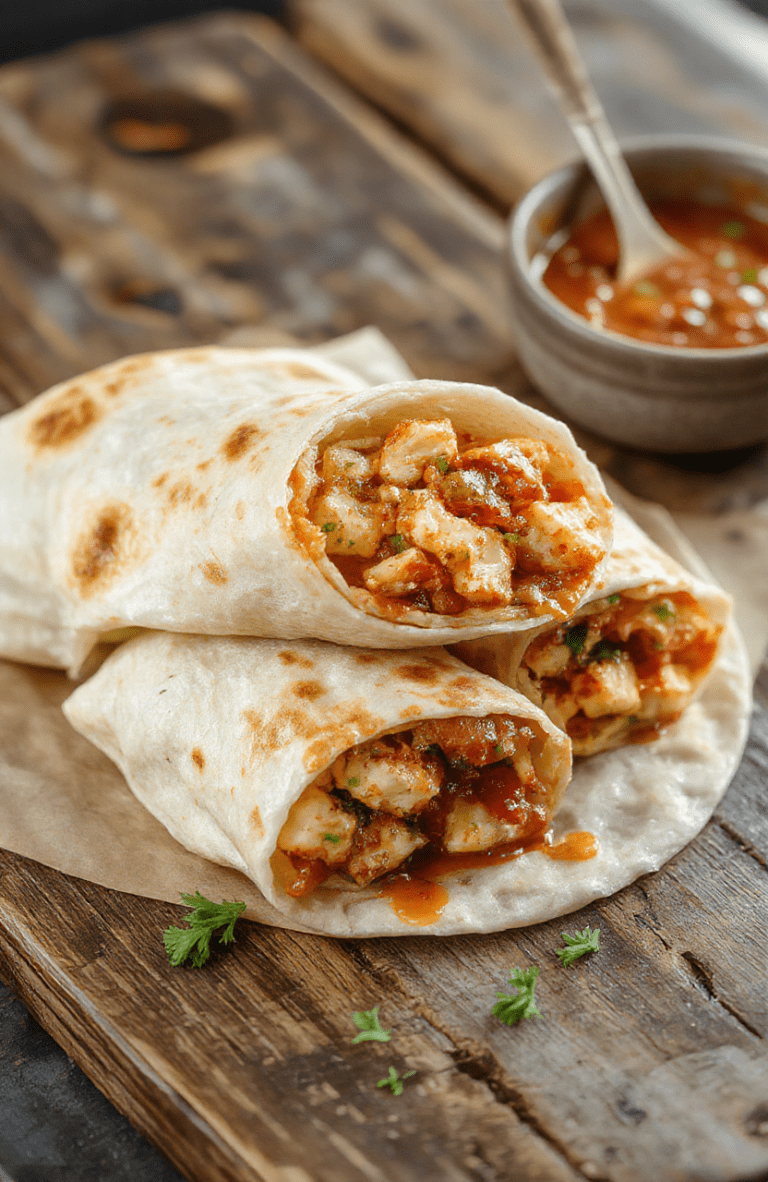 Colorful sweet chili chicken wraps neatly arranged on a rustic wooden plate. The wraps are golden-brown with visible crispy textures and glossy sweet chili sauce drizzled over. Fresh lettuce and sliced vegetables peek out, adding vibrant green and red accents. The scene highlights the appetizing, saucy exterior and inviting presentation, styled casually to emphasize a homestyle meal.