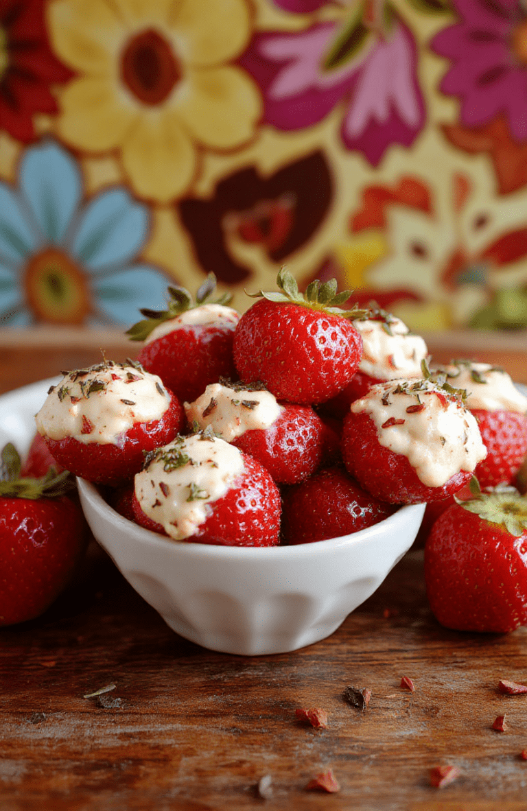 A vibrant plate of deviled strawberries garnished with chopped nuts and mint leaves, showcasing glossy red berries filled with smooth, creamy filling, artfully arranged on a elegant white platter with colorful background accents.