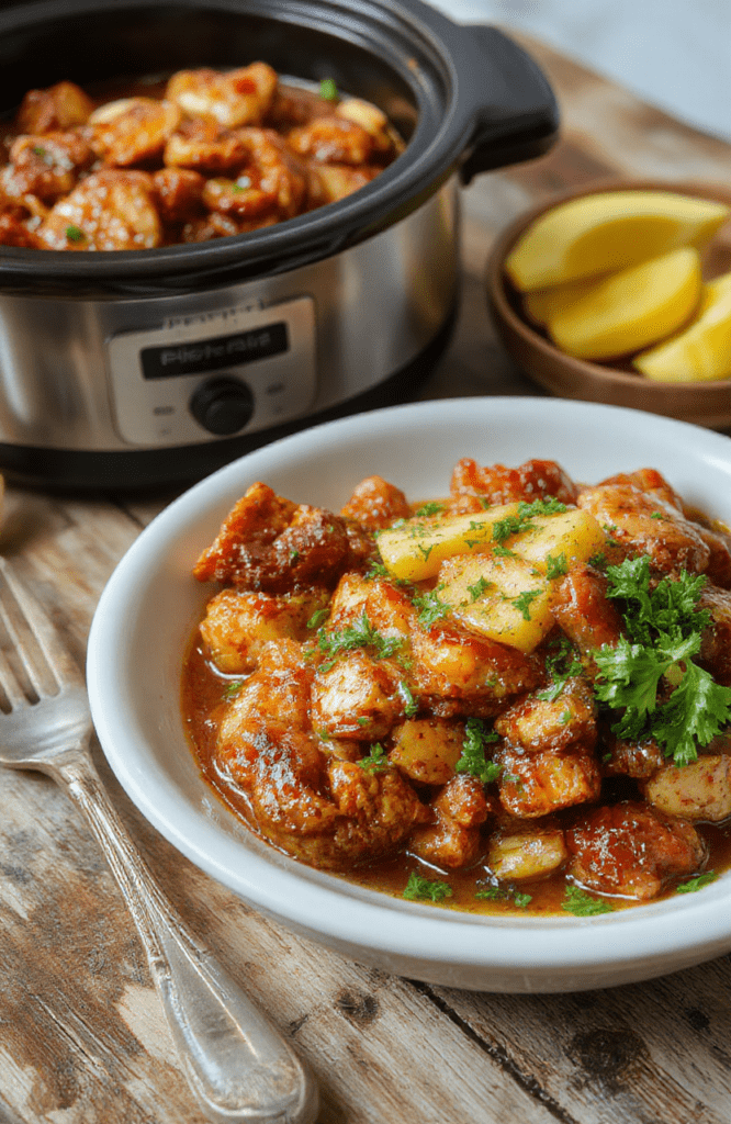 Colorful plated Hawaiian shredded chicken garnished with fresh pineapple and herbs, served on a rustic wooden tray with a glossy sauce, vibrant and inviting, styled with tropical accents.