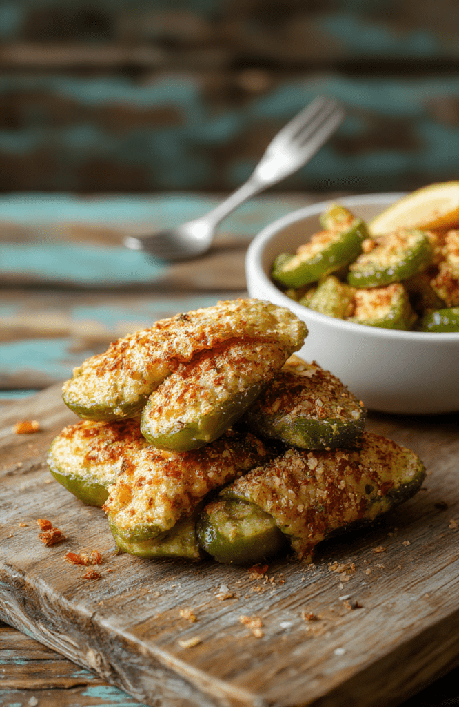 Colorful plate of crispy golden-brown jalapeño poppers stuffed with creamy cheese filling, garnished with fresh herbs, served on a rustic wooden surface with a vibrant background, textures of crunchy outer shell and smooth cheese filling highlighted.