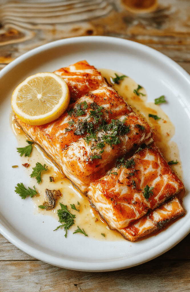 A perfectly cooked flaky salmon fillet, golden crispy edges, presented on a rustic white plate garnished with fresh herbs and lemon slices, with a textured wooden background and natural light highlighting the crispy exterior and tender interior textures.