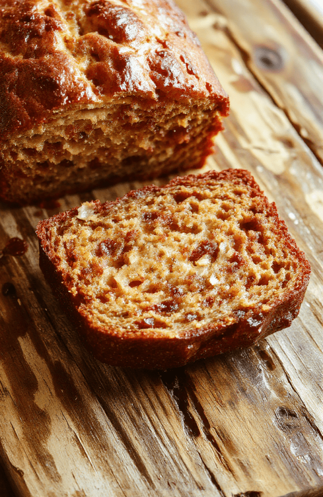 A moist banana bread loaf with golden-brown crust sliced to reveal tender, fluffy interior topped with a few banana slices and a drizzle of glaze, styled on a rustic wooden board with a blurred background of fresh bananas and baking ingredients.
