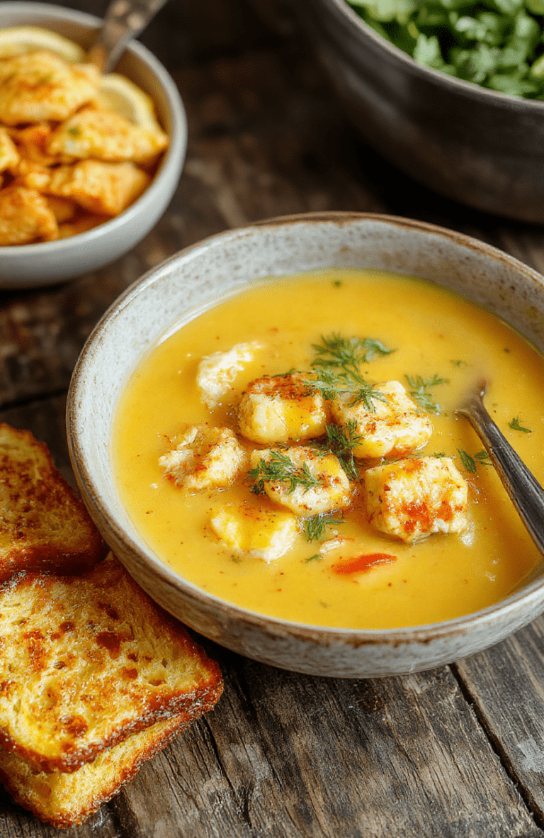 A vibrant bowl of turmeric chicken soup featuring golden broth, tender chicken pieces, bright vegetables, and fresh herbs, presented on a rustic wooden table styled for cozy comfort.