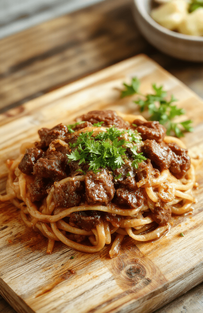 Glossy caramel-colored sticky beef noodles served in a rustic wooden bowl, topped with sliced green onions, sesame seeds, and thin strips of seared beef, with steamed noodles glistening under natural light.