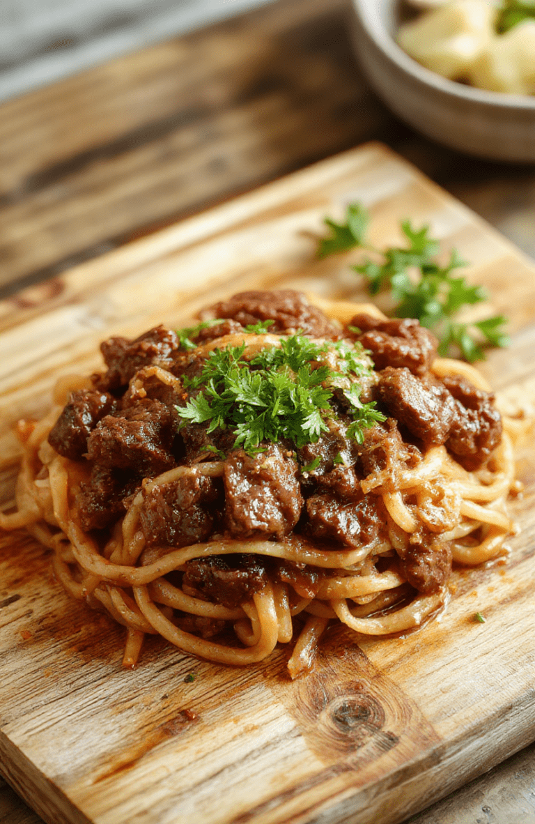 Glossy caramel-colored sticky beef noodles served in a rustic wooden bowl, topped with sliced green onions, sesame seeds, and thin strips of seared beef, with steamed noodles glistening under natural light.