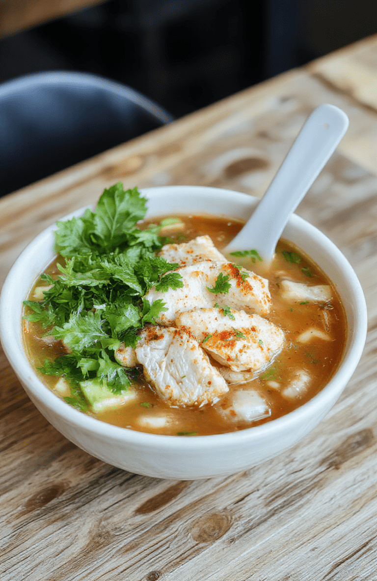 A steaming bowl of aromatic chicken pho featuring tender shredded chicken, white rice noodles, fresh Thai basil, cilantro, and green onions floating on a golden-brown broth with slices of lime and jalapeño on the side, served in a simple ceramic bowl against a light wooden table with soft natural light.