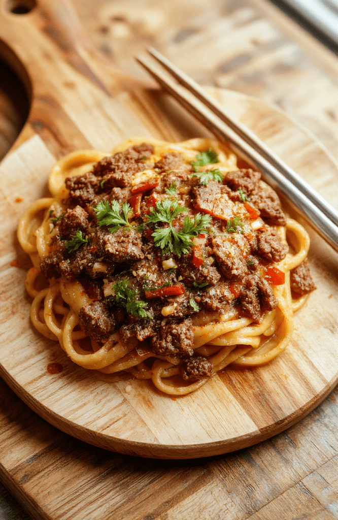 A vibrant plate of spaghetti tossed with savory-sweet ground beef in a glossy soy-ginger glaze, garnished with sesame seeds and sliced green onions, served in a shallow white bowl against a rustic wooden table.