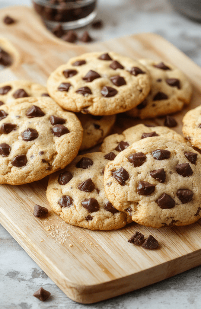 Golden-brown Bakery-Style Chocolate Chip Cookies on a white ceramic plate, edges slightly crisp with gooey centers, melty chocolate chunks visible, dusted lightly with powdered sugar, resting on a rustic wooden cutting board with soft natural daylight and shallow depth of field.