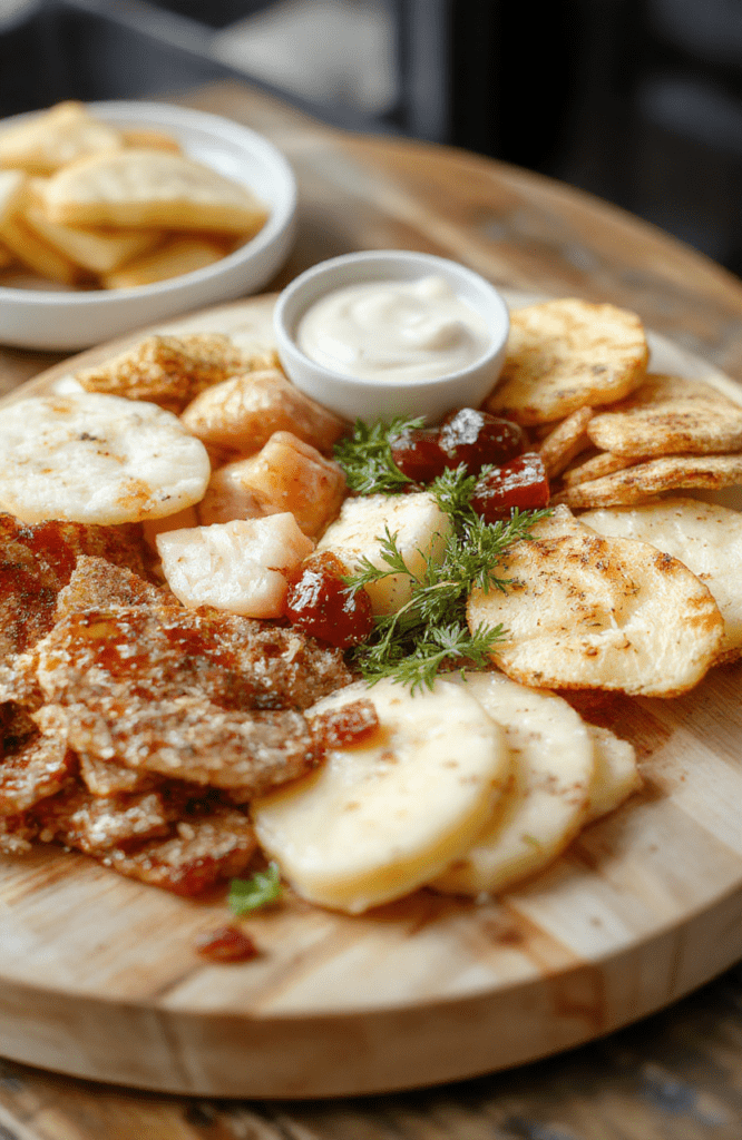 A rustic wooden board filled with an easy beginner charcuterie spread: three types of cut cheese (yellow cheddar, white brie,和 gouda), sliced cured meats (prosciutto folded, salami rounds), grapes, olives, dried figs, walnuts, honey drizzle, and Crackers arranged artfully with visible textures and vibrant colors.