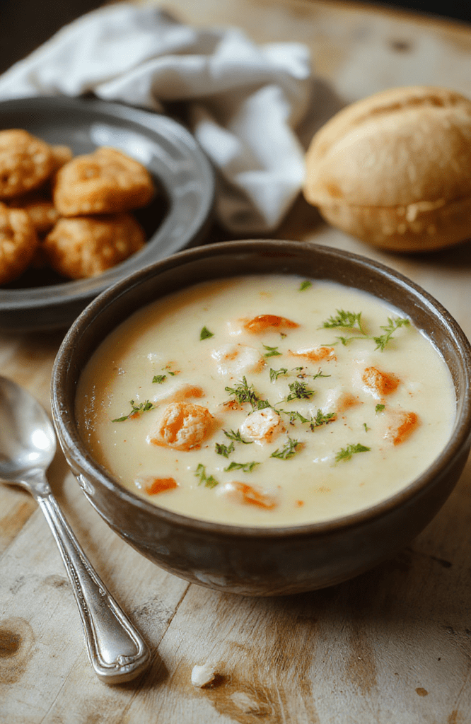 A steaming bowl of golden homemade broth soup with tender shredded chicken, carrot discs, celery sticks, and soft noodles, garnished with fresh parsley, placed on a rustic wooden board with soft daylight lighting.