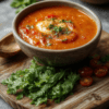 A rustic porcelain bowl filled with vibrant orange-red homemade tomato soup, garnished with a drizzle of olive oil, fresh basil leaves, and a dollop of sour cream, placed on a wooden cutting board with halved cherry tomatoes and a sprig of basil nearby.