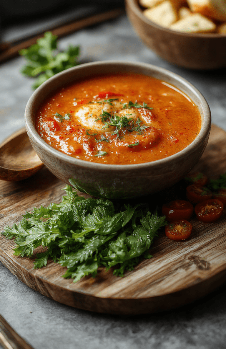 A rustic porcelain bowl filled with vibrant orange-red homemade tomato soup, garnished with a drizzle of olive oil, fresh basil leaves, and a dollop of sour cream, placed on a wooden cutting board with halved cherry tomatoes and a sprig of basil nearby.