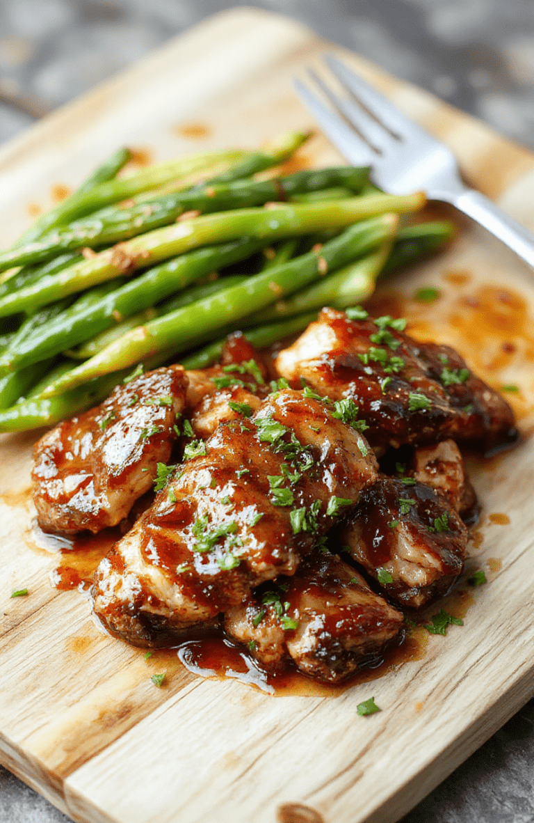 Glossy amber-brown glazed chicken thighs glistening under natural sunlight, nestled among caramelized brown sugar and soy sauce glaze droplets, topped with toasted sesame seeds and sliced green onions, served on a rustic wooden board with steamed white rice in a small cast iron pot beside it, soft background blur emphasizing crispy edges and sticky texture.