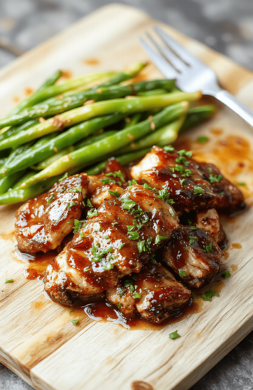 Glossy amber-brown glazed chicken thighs glistening under natural sunlight, nestled among caramelized brown sugar and soy sauce glaze droplets, topped with toasted sesame seeds and sliced green onions, served on a rustic wooden board with steamed white rice in a small cast iron pot beside it, soft background blur emphasizing crispy edges and sticky texture.