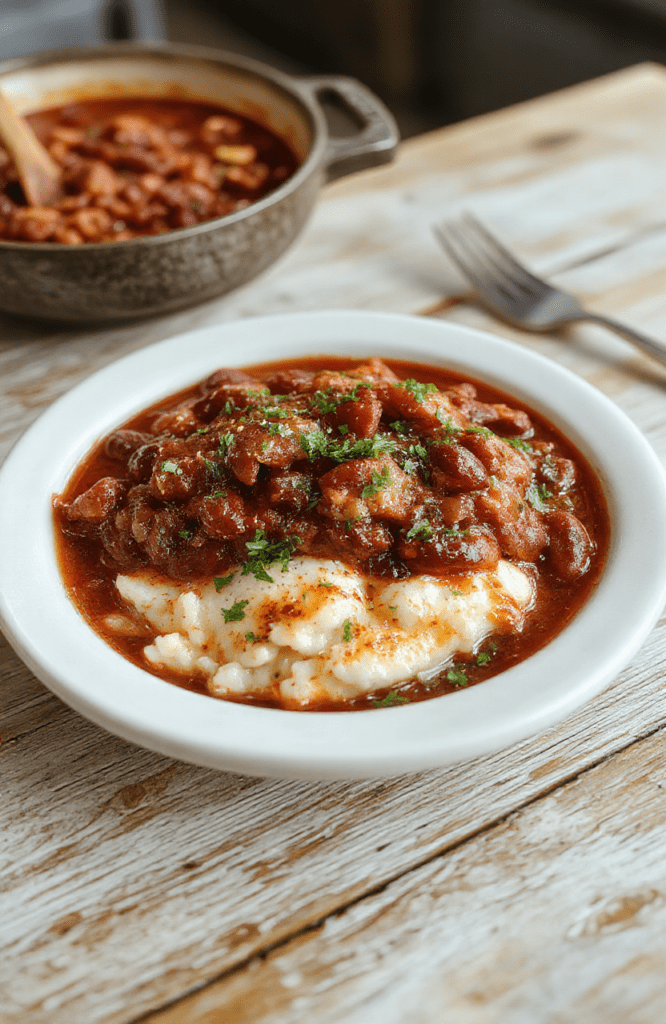 Hearty red beans and rice dish in a rustic ceramic bowl, garnished with sliced green onions and a drizzle of hot sauce, served beside fluffy white rice in a cast-iron skillet, against a weathered wooden table with soft natural light.