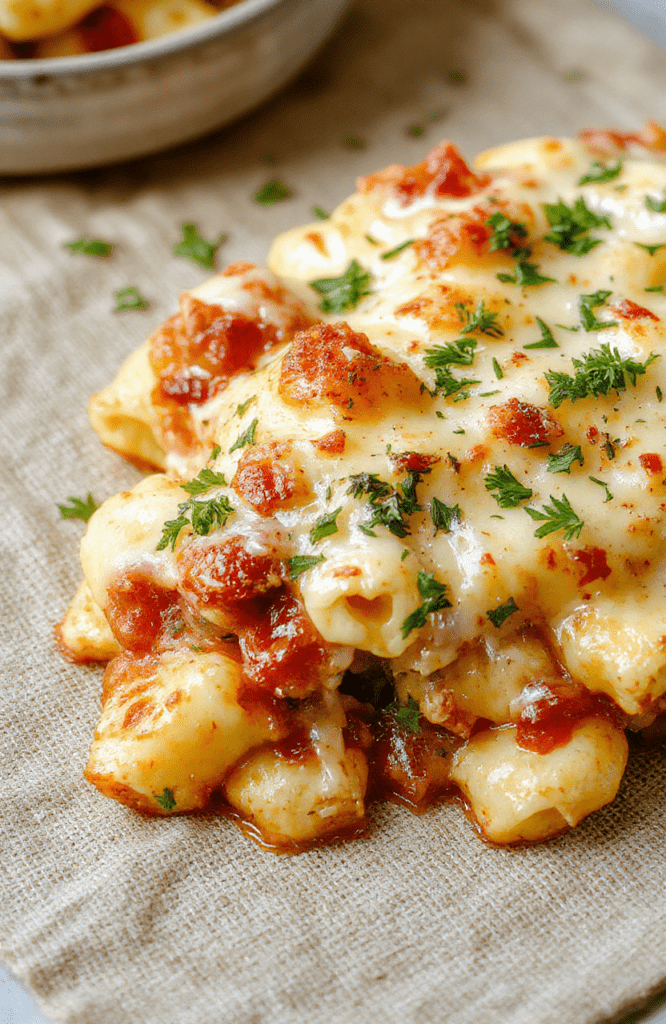 A golden-brown cheesy baked tortellini casserole in a deep ceramic dish, bubbling with melted mozzarella and Parmesan, flecked with fresh basil and Italian seasoning, served with a side of garlic bread crumbs and roasted cherry tomatoes, on a rustic wooden board.