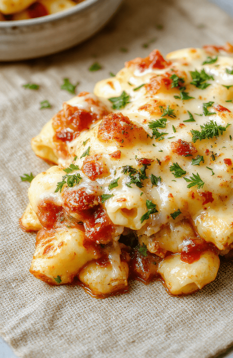 A golden-brown cheesy baked tortellini casserole in a deep ceramic dish, bubbling with melted mozzarella and Parmesan, flecked with fresh basil and Italian seasoning, served with a side of garlic bread crumbs and roasted cherry tomatoes, on a rustic wooden board.