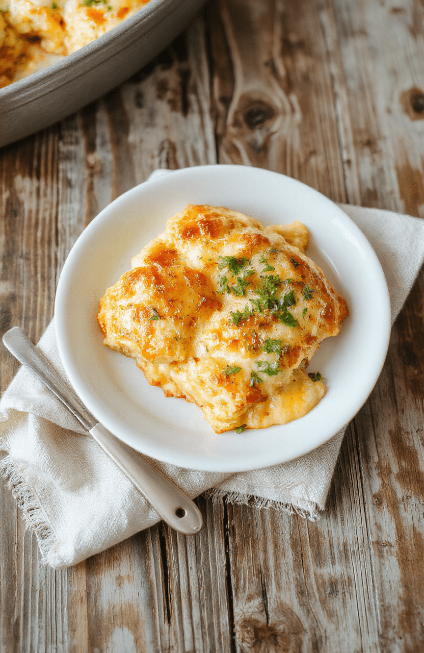 Hearty casserole dish with golden, fluffy biscuit layers topped with melted mozzarella and cheddar cheese, red pizza sauce, pepperoni slices, and green bell pepper bits, served in a rustic ceramic bowl on a wooden table with soft natural light.