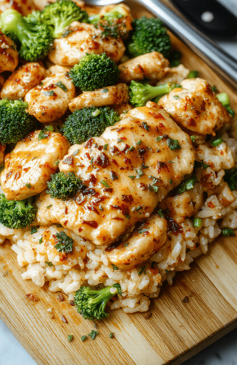 A steaming skillet of cheesy chicken and broccoli rice, golden-brown rice crusted at the bottom, tender chicken pieces, vibrant green broccoli florets, and melted cheddar cheese drizzled on top, garnished with fresh parsley, served in a cast-iron skillet on a rustic wooden table.