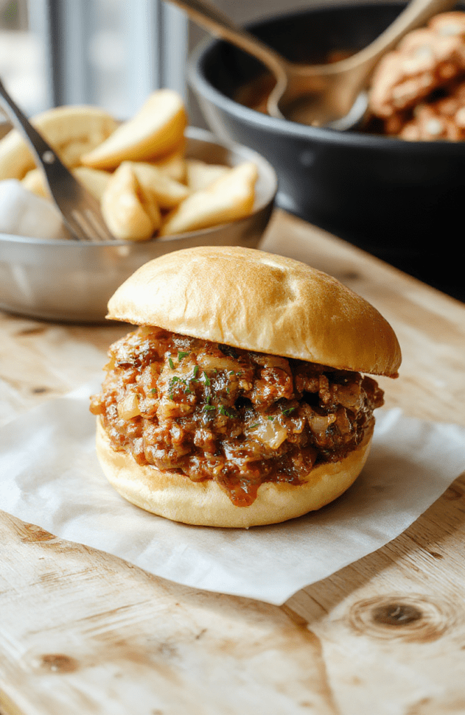 A golden-brown toasted bun filled with savory ground beef onions caramelized to sweet-brown perfection, melted gooey cheddar cheese cascading over the edges, garnished with fresh parsley on a rustic wooden board