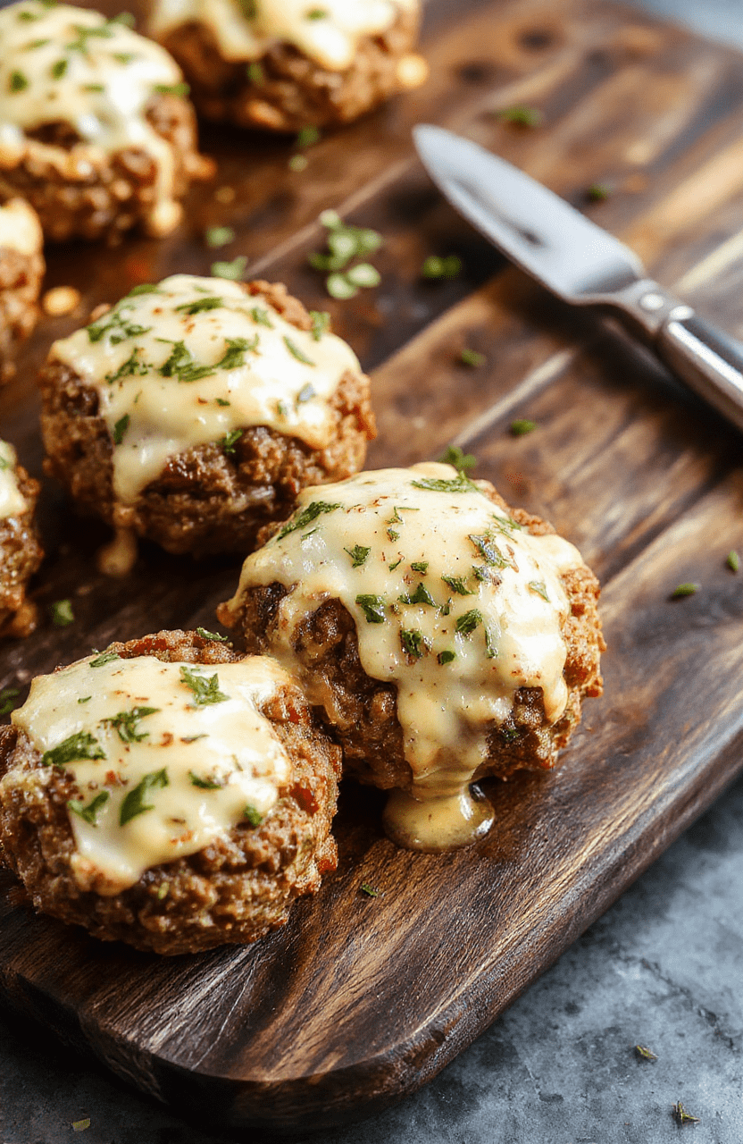Close-up of golden-brown cheeseburger bombs filled with melted cheddar and mozzarella, seasoned ground beef, caramelized onions, and roasted garlic, dusted with flaky sea salt and fresh parsley, placed on a rustic wooden board with a drizzle of garlic aioli on the side.