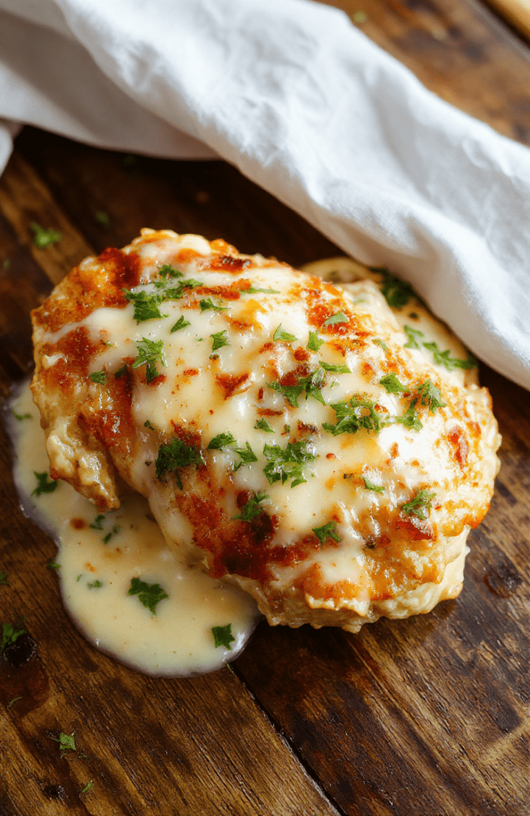 Tender baked chicken breasts topped with golden-brown melted mozzarella and parmesan cheese, drizzled with garlic butter, garnished with fresh parsley, served on a white ceramic plate beside roasted broccoli.
