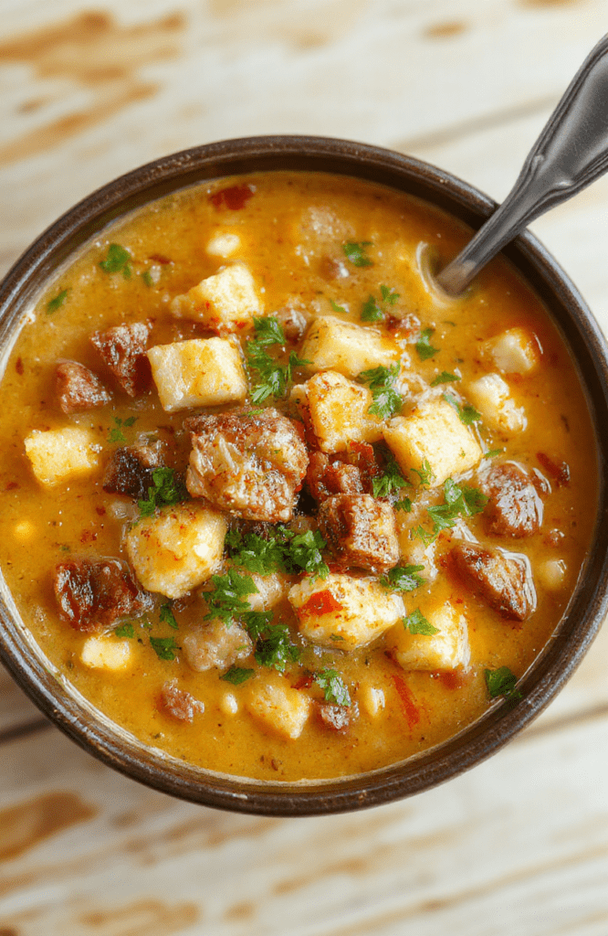 A steaming bowl of creamy cheesy potato soup with visible shreds of golden brown hash browns, melted cheddar cheese swirls, and a hint of green onion on top, sitting on a rustic wooden table, soft natural daylight.