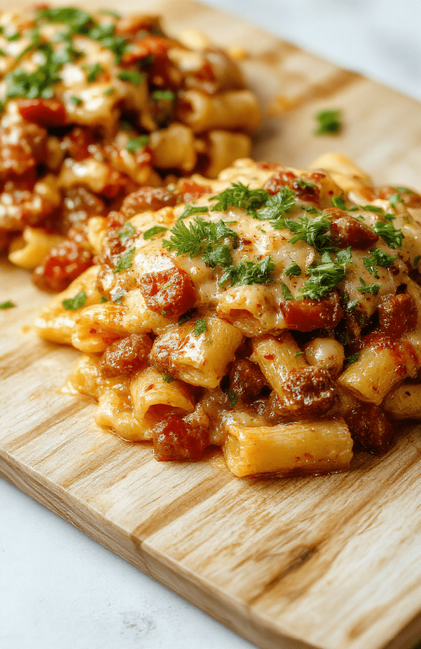A steaming bowl of cheesy Rotel pasta with vibrant diced tomatoes and green chilies, melted cheddar and mozzarella glossy strands, garnished with fresh cilantro and a sprinkle of red pepper flakes, against a rustic wooden cutting board background with soft natural lighting highlighting the creamy, saucy texture.