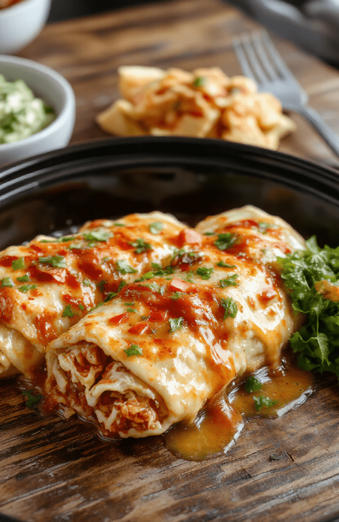 Two steaming enchiladas surrounded by melted queso fresco andcheddar cheese, topped with sliced jalapeños, chopped cilantro, and a side of Mexican rice and black beans in a rustic ceramic bowl, rustic wooden table, soft natural light, casual home-cooked presentation